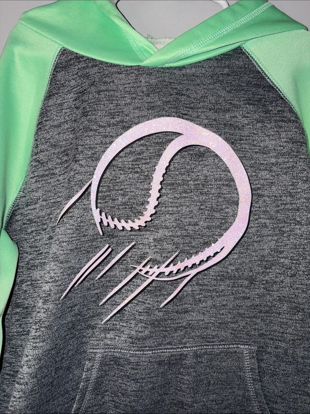 Justice Girls' Gray Hoodie with Mint Green Raglan Sleeves and Softball Size 8